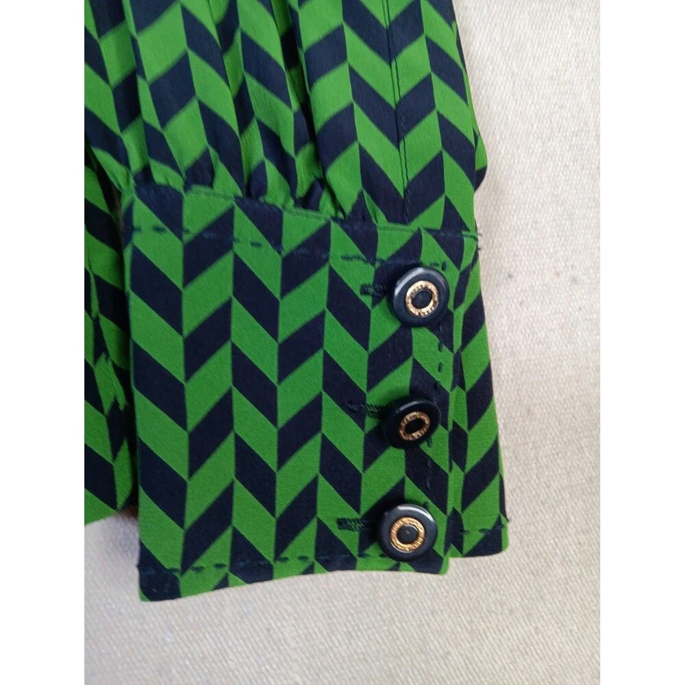 NWT Tory Burch Sydne Silk Blouse Size 6 Green Navy V-Neck Side Zip Long Sleeve